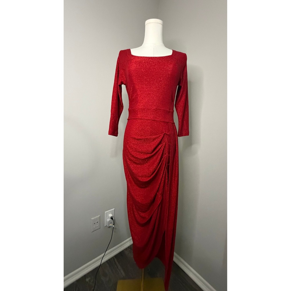 Maxi Dress Red Glitter Womens Square Neck Ruched Side Slit Evening Gown Small
